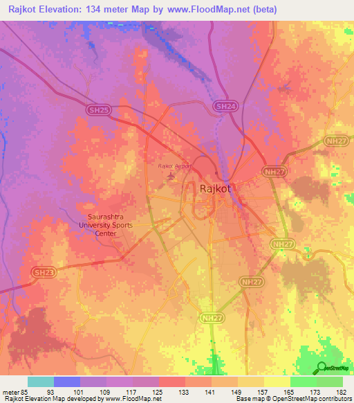 Rajkot,India Elevation Map