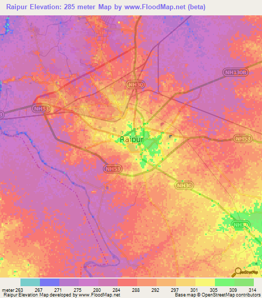 Raipur,India Elevation Map