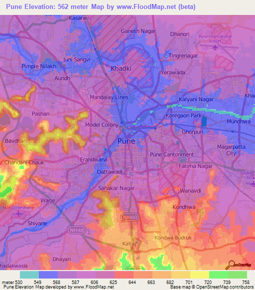 Pune,India Elevation Map