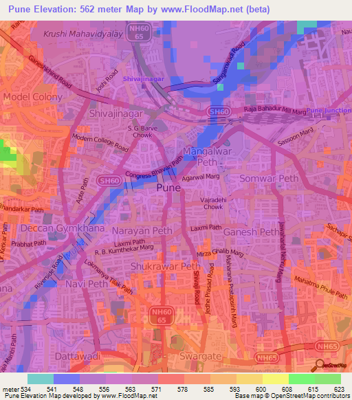 Pune,India Elevation Map