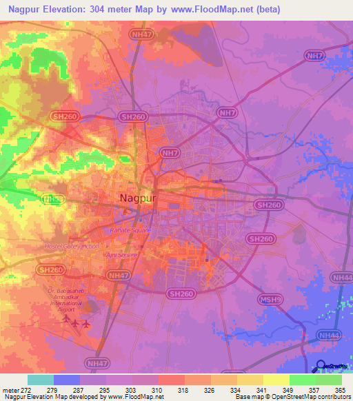 Nagpur,India Elevation Map