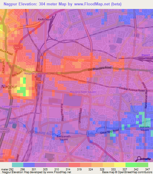 Nagpur,India Elevation Map