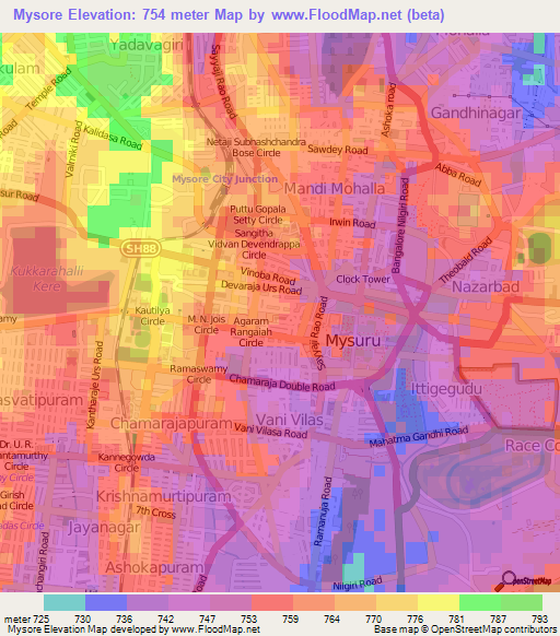 Mysore,India Elevation Map