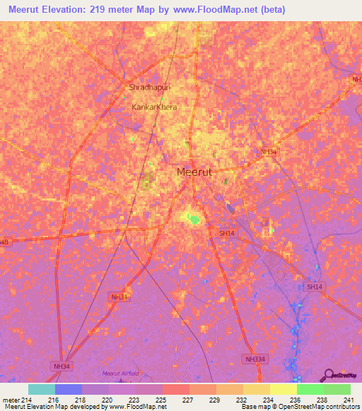 Meerut,India Elevation Map