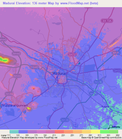 Madurai,India Elevation Map