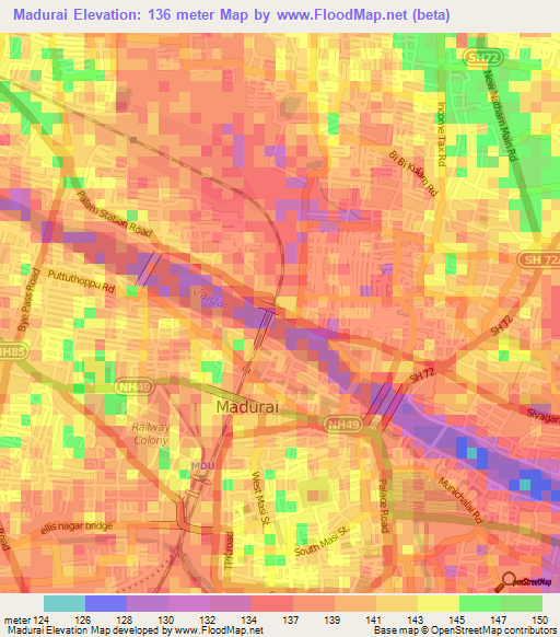 Madurai,India Elevation Map