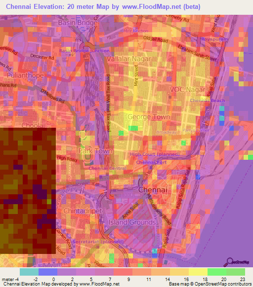 Chennai,India Elevation Map