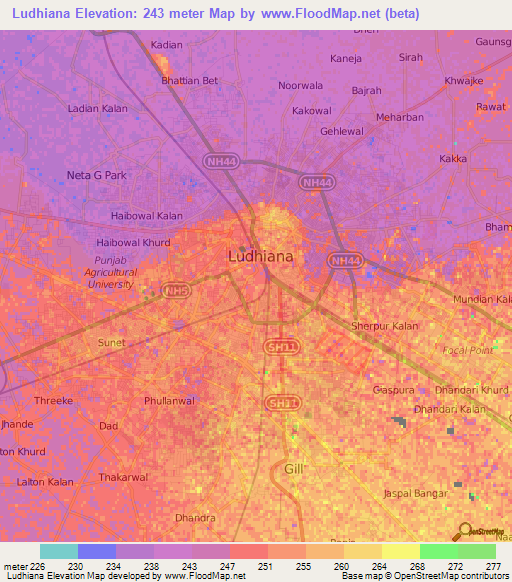 Ludhiana,India Elevation Map