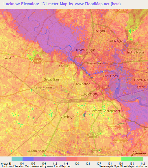 Lucknow,India Elevation Map