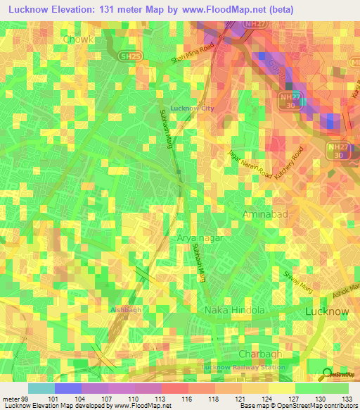 Lucknow,India Elevation Map