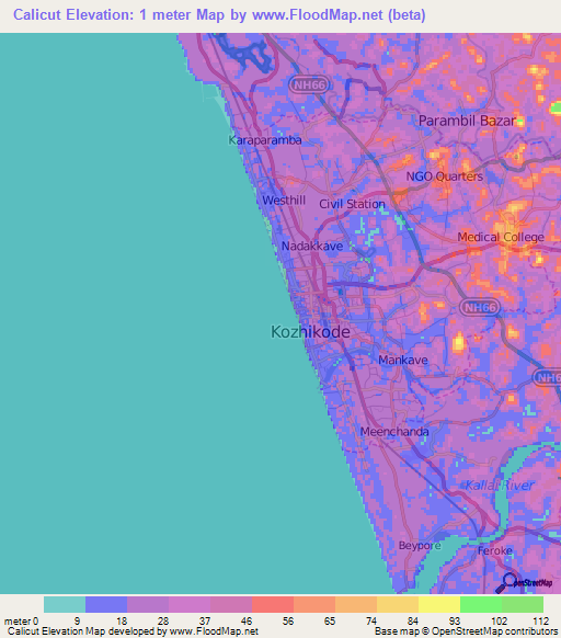 Calicut,India Elevation Map