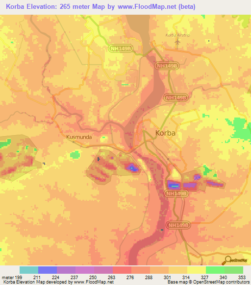 Korba,India Elevation Map