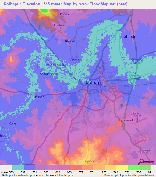 Kolhapur,India Elevation Map