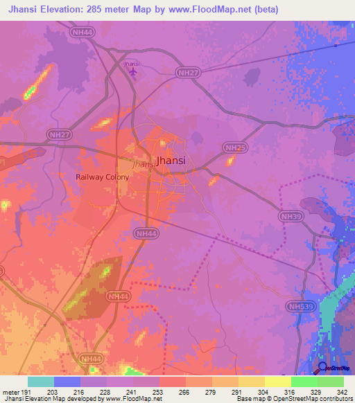 Jhansi,India Elevation Map