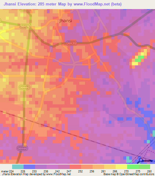 Jhansi,India Elevation Map