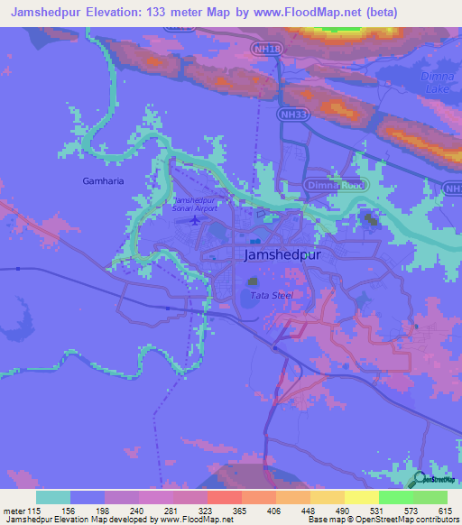 Jamshedpur,India Elevation Map