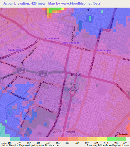 Jaipur,India Elevation Map