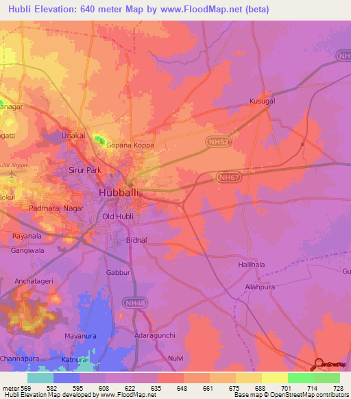 Hubli,India Elevation Map