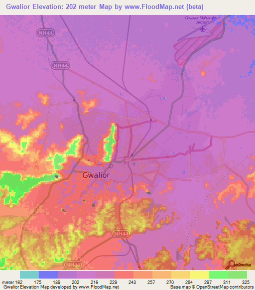 Gwalior,India Elevation Map