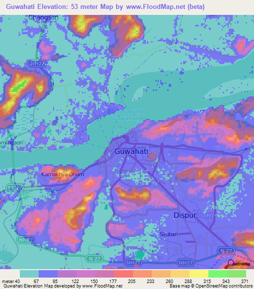 Guwahati,India Elevation Map