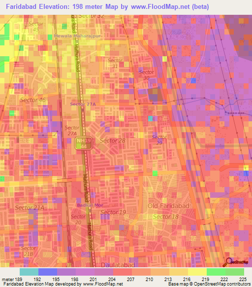 Faridabad,India Elevation Map