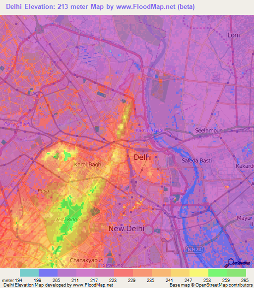 Delhi,India Elevation Map