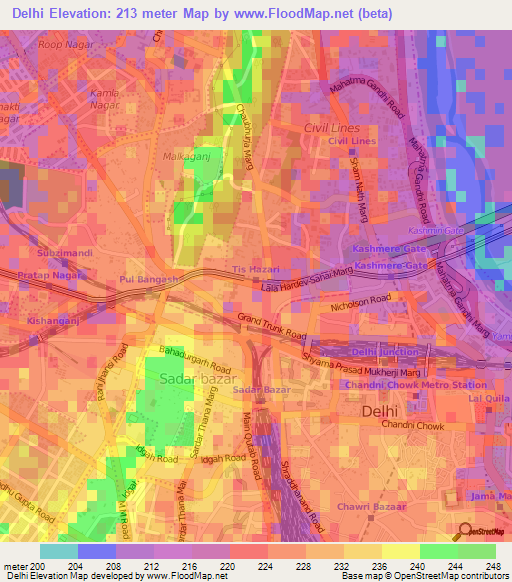 Delhi,India Elevation Map