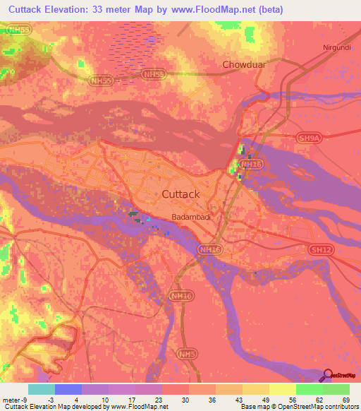 Cuttack,India Elevation Map