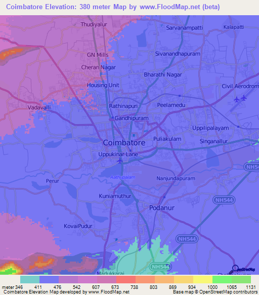 Coimbatore,India Elevation Map