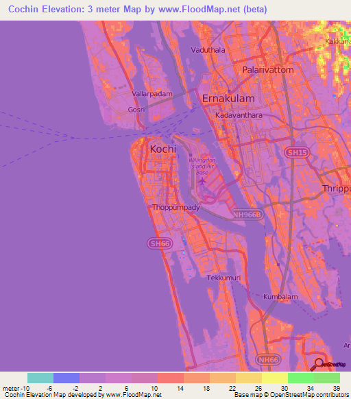 Cochin,India Elevation Map