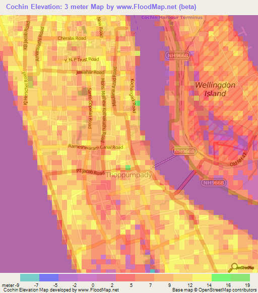 Cochin,India Elevation Map