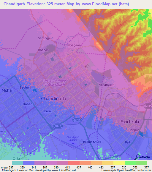 Chandigarh,India Elevation Map