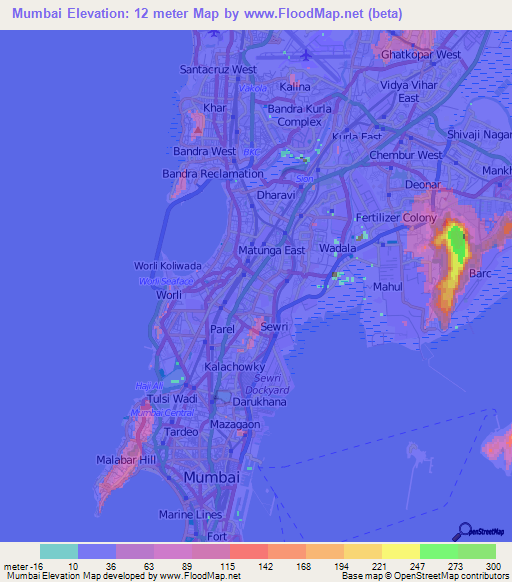 Mumbai,India Elevation Map