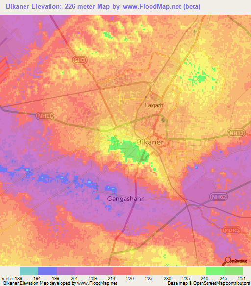 Bikaner,India Elevation Map