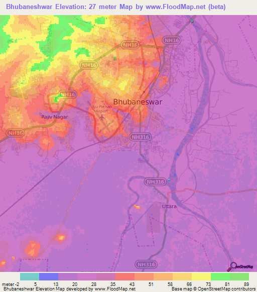 Bhubaneshwar,India Elevation Map