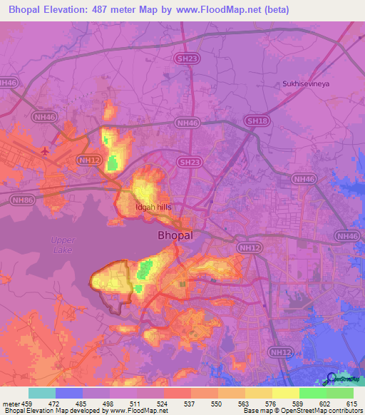 Bhopal,India Elevation Map