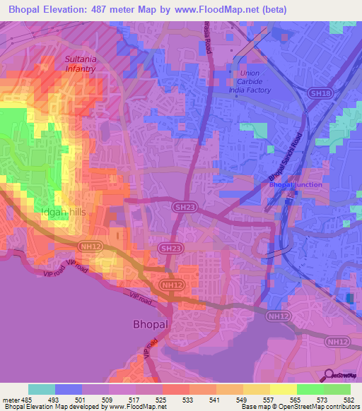 Bhopal,India Elevation Map