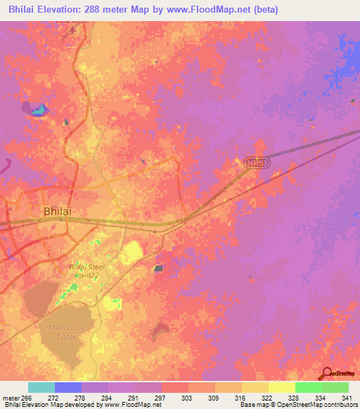 Bhilai,India Elevation Map