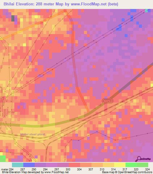 Bhilai,India Elevation Map