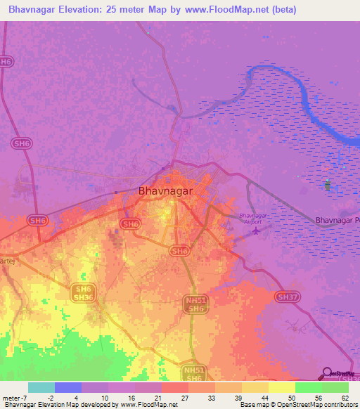 Bhavnagar,India Elevation Map