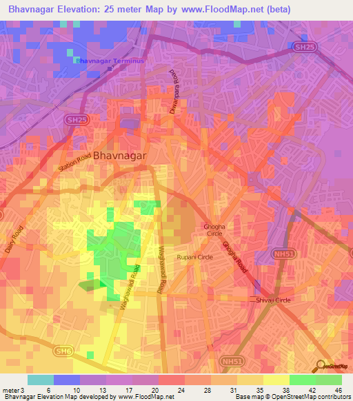 Bhavnagar,India Elevation Map