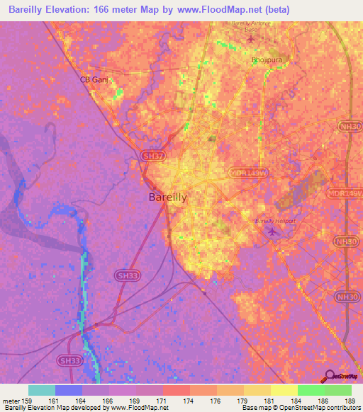 Bareilly,India Elevation Map