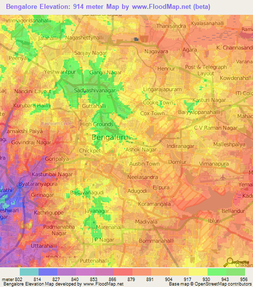 Bengalore,India Elevation Map