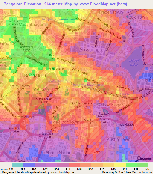 Bengalore,India Elevation Map