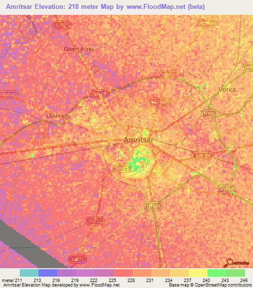 Amritsar,India Elevation Map