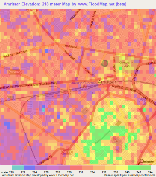 Amritsar,India Elevation Map