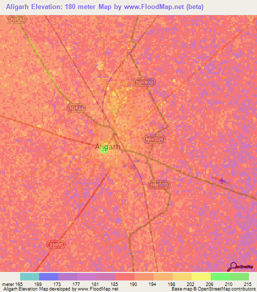 Aligarh,India Elevation Map