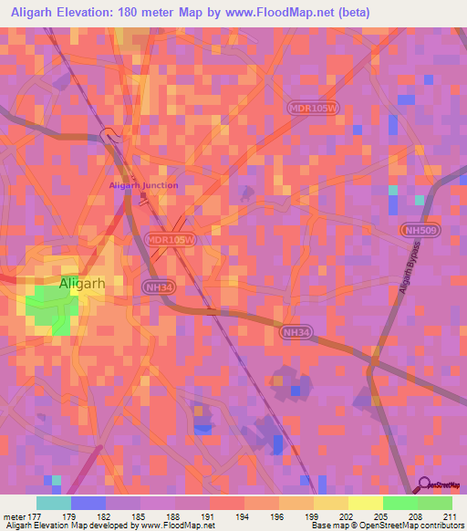 Aligarh,India Elevation Map