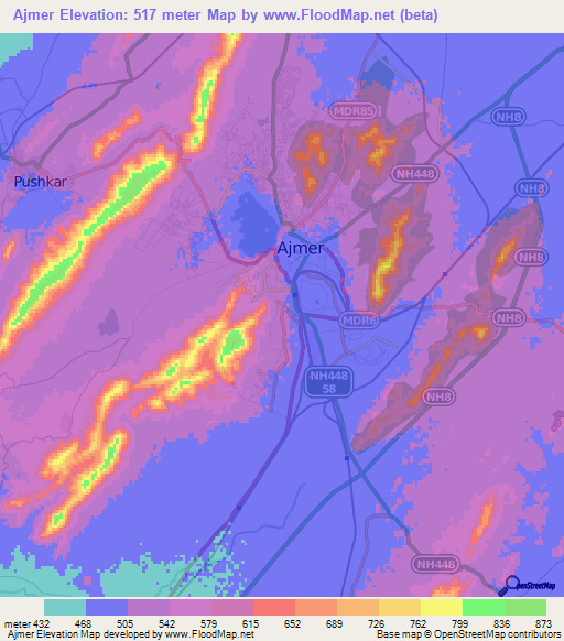 Ajmer,India Elevation Map