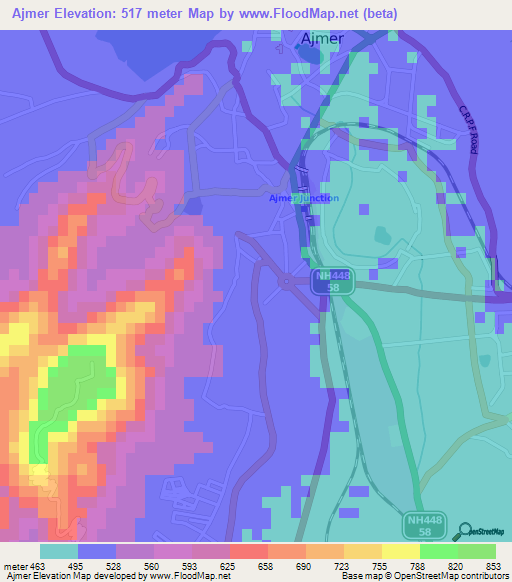 Ajmer,India Elevation Map